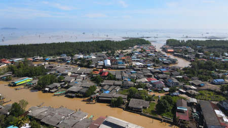 Aerial view of fisherman village, and river to the sea in Surat Thani, Thailandのeditorial素材