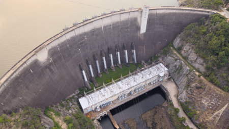 Aerial view of Pumiphon Dam In Tak Province , Northern Of Thailandの写真素材