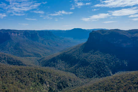 Aerial view of The Grand Canyon near the township of Medlow Bath in The Blue Mountains in regional New South Wales in Australiaの写真素材
