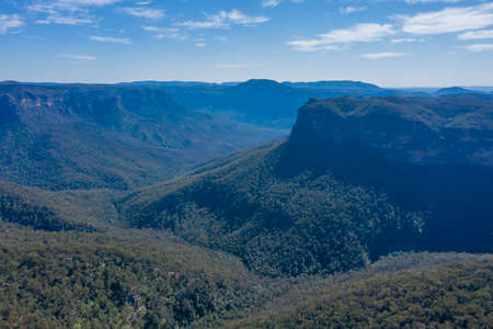 Aerial view of The Grand Canyon near the township of Medlow Bath in The Blue Mountains in regional New South Wales in Australiaの写真素材