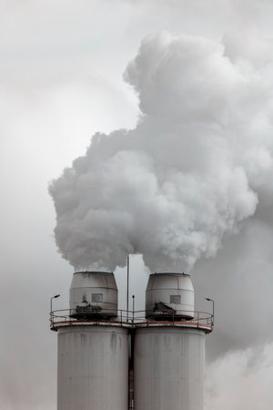 A large manufacturing facility in a regional township with steam coming from the chimney stacks during processingの写真素材