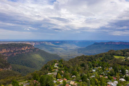 Aerial view of the Jamison Valley in Katoomba in The Blue Mountains in regional New South Wales in Australiaの写真素材