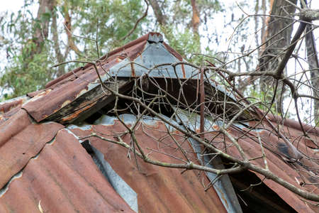 Photograph of an old brown rusty and damaged roof on an explorers hut in The Blue Mountains in New...