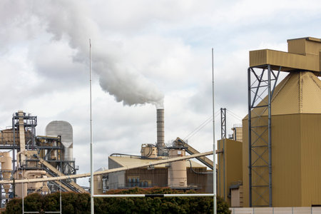 Photograph of steam coming from a chimney against a grey cloudy sky at an industrial manufacturing...