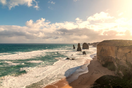Photograph of the historic and famous 12 Apostles limestone rock stacks along the rugged Great Ocean Road in Victoria in Australiaの写真素材