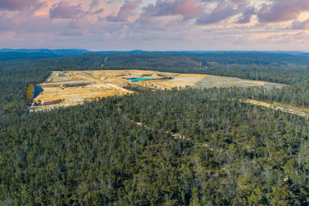 Drone aerial photograph of the open cut Clarence Sands quarry in the Newnes State Forest region of...