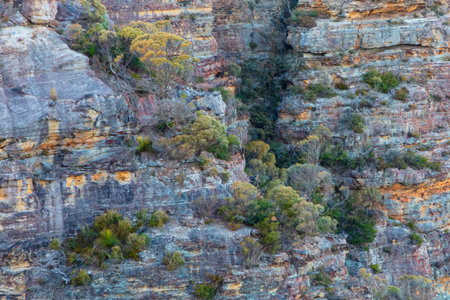 Photograph of the rugged and rocky cliff face of mountains the Megalong Valley in the Blue Mountains in New South Wales in Australiaの写真素材
