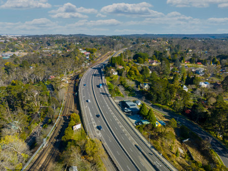 Drone aerial photograph of the Great Western Highway passing through the township of Leura in the...