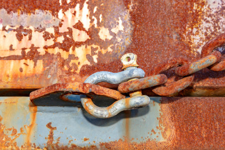 Photograph of an old D Bolt shackle connected to a rusty chain on a large brown and rusty metal...