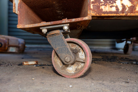 Photograph of an old and dirty caster wheel on a large rusty steel rubbish bin outside an industrial manufacturing facility.の写真素材