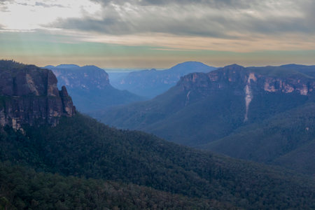 Photograph of bushland and the natural amphitheatre of the scenic Grose Valley near Blackheath in the Blue Mountains in New South Wales, Australia.の写真素材