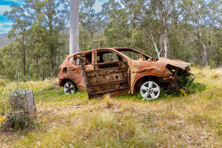 Photograph of a car that has been totally destroyed by fire and abandoned near power lines in a remote forest in the Blue Mountains in New South Wales, Australia.の写真素材