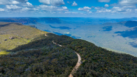 Drone aerial photograph of the vast forest in the Kedumba Valley in the Blue Mountains in New South Wales, Australia.の写真素材