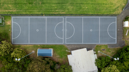 Drone aerial photograph of the Netball courts at Summerhayes Park in the town of Winmalee in the Blue Mountains in New South Wales, Australia.の写真素材