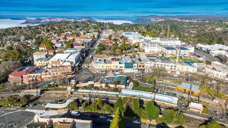 Drone aerial photograph of the picturesque and tourism town of Katoomba and the Jamison Valley full of low level clouds in the Blue Mountains, NSW, Australia.の写真素材