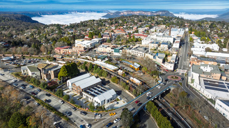 Drone aerial photograph of the picturesque and tourism town of Katoomba and the Jamison Valley full of low level clouds in the Blue Mountains, NSW, Australia.の写真素材