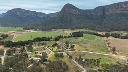 Drone aerial photograph of the semi abandoned old oil shale town of Glen Davis located in the...