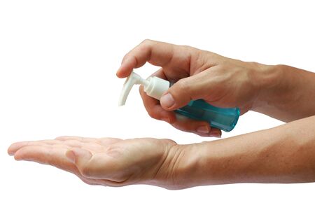 Men's hand with alcohol bottle spray, Virus or COVID-19 protection concept isolated on white background, Clipping pathの写真素材