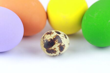 Quail eggs among colorful easter eggs isolated on a whiteの写真素材