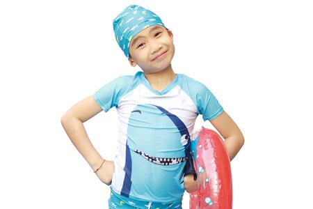 Asian boy with blue swimsuit isolated on white background, Kids on summer activity.の写真素材
