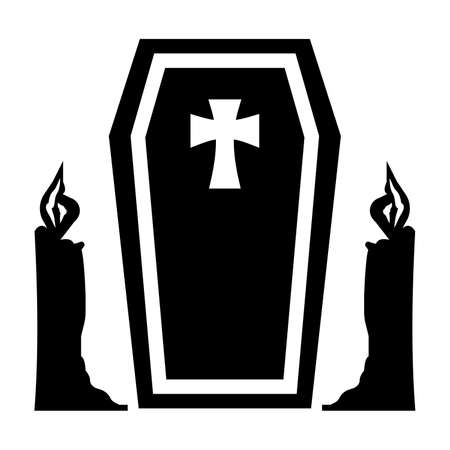 Coffin and candle isolated on white background, Halloween theme silhouette black and white flat designのイラスト素材