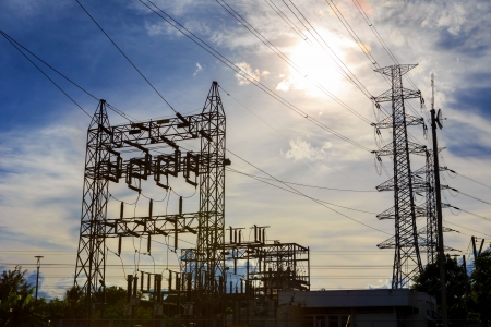 high voltage post High-voltage tower on blue sky