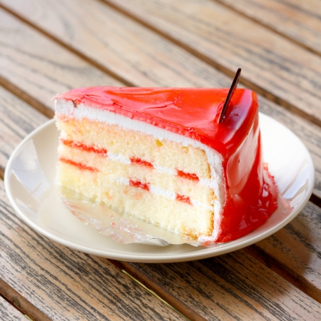 Strawberry cake in white dish on tableの写真素材