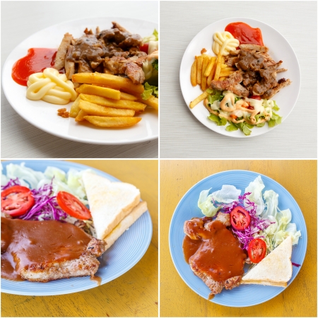 set of grilled pork steak with potato and saladの写真素材