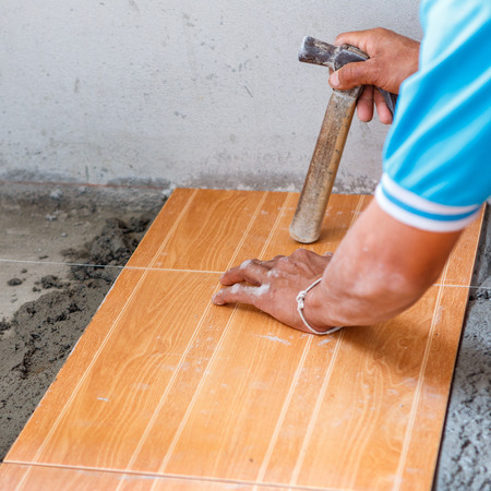 floor tile installation for house buildingの写真素材