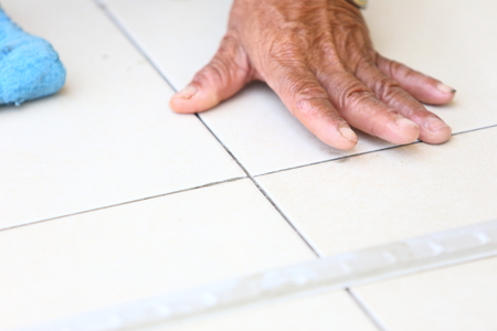 floor tile installation for house building の写真素材
