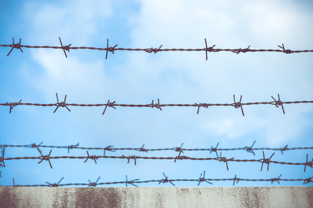 Barbed wire wall on blue sky