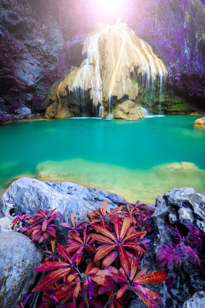 wonderful waterfall with colorful tree in thailandの写真素材