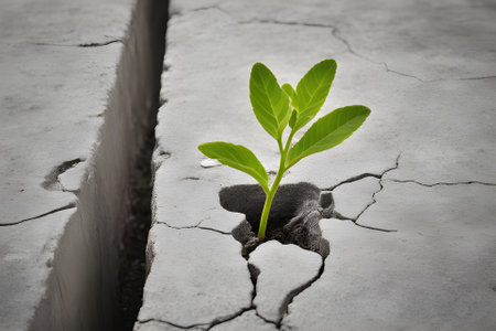 Plant growing through crack on white background. Concept of new life.generative aiの素材