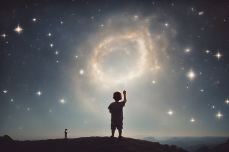 Little boy standing on top of a mountain and looking at the starry sky,generative aiの素材