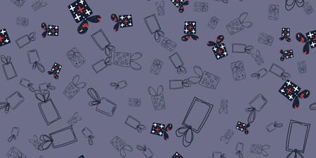 Gorizontal pattern christmas gift boxes. Beautiful present box on surface design. 
Wrapped beautiful scandinavian style gifts boxes .Wrapping background.のイラスト素材
