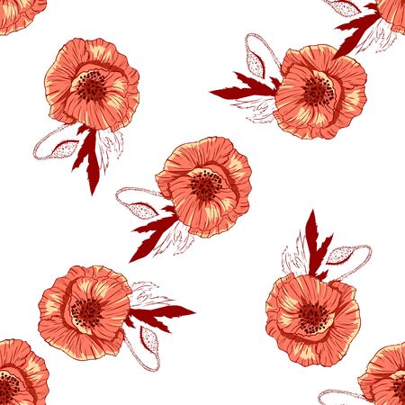 Flourish poppies pattern in line art style. Poppy flower line art. Botanical seamless vector texture. Colorful background blossoming bloomy vector. Wildflowers handcrafted artsy poppy surface designのイラスト素材