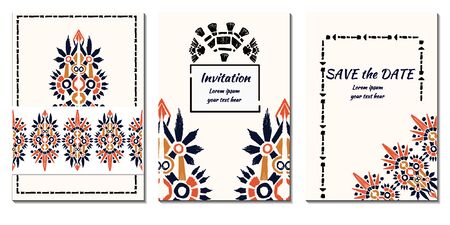 Cover royal greeting design. Modern template with ikat ornament for wedding design or greeting card any purpose. Vector vertical card decor. Ethnic backgroundのイラスト素材