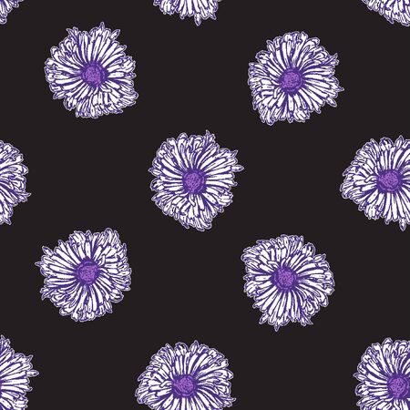 Romantic beautiful linear flowers of daisies, chrysanthemums. Print wrapping monochrome. Organic vector pattern background.のイラスト素材