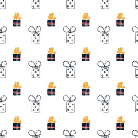 Pattern with christmas gift boxes. Beautiful present box on surface design. Wrapped beautiful scandinavian style giftsgift boxes.Cute present box with gift card nordic hyggeのイラスト素材