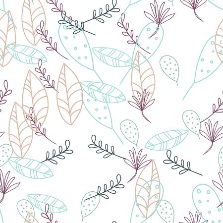Trendy outline native foliage and leaves seamless pattern. Small and medium elements paradise flora leaves. Vector illustration. on white background.のイラスト素材