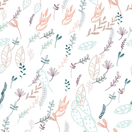 Trendy outline native foliage and leaves seamless pattern. Small and medium elements paradise flora leaves. Vector illustration. on white backgroundのイラスト素材