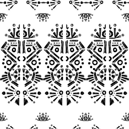 Ikat pattern etnic indian ornamental black and white illustration. Navajo motif texture ornate  design for surface print. Black and white backgroundのイラスト素材