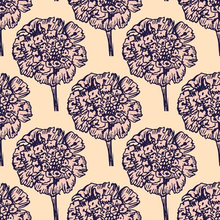 Hand- drawn astra flowers seamless pattern on color background for fabric or surface design.のイラスト素材