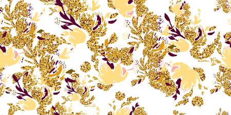 Gold flowers background. Vector glitter textured seamless pattern with flowers bouquet