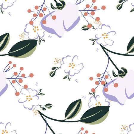 Seamless pattern with colorful hand drawn flowers. Original textile, wrapping paper, wall art surface design. Vector illustration. Floral simple minimalistic graphic design.のイラスト素材