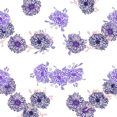 Romantic beautiful linear flowers of daisies, chrysanthemums. Print wrapping monochrome. Organic vector pattern background.のイラスト素材