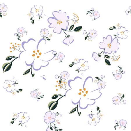 Seamless pattern with colorful hand drawn flowers. Original textile, wrapping paper, wall art surface design. Vector illustration. Floral simple minimalistic graphic design.のイラスト素材