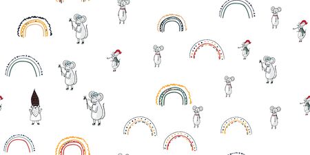 Kids seamless pattern with mouse and rainbow. Cute Scandinavian minimal designのイラスト素材
