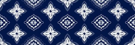 White ornament on blue seamless pattern. Vintage, paisley elements. Ornamental traditional, ethnic, turkish. Great for fabric and textile, wallpaper, packaging or any idea.のイラスト素材