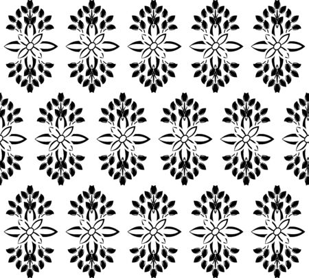 Flower damask ornate seamless pattern. Vector white and black surface design for fabric, apparel textile, book, interior, wallpaper backgroundのイラスト素材